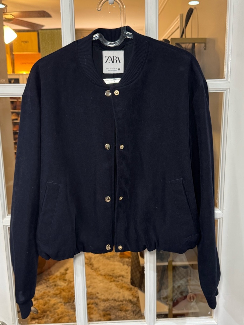 ZARA Navy Textured Bomber Jacket with Drawstring Hem - Picture 6 of 10